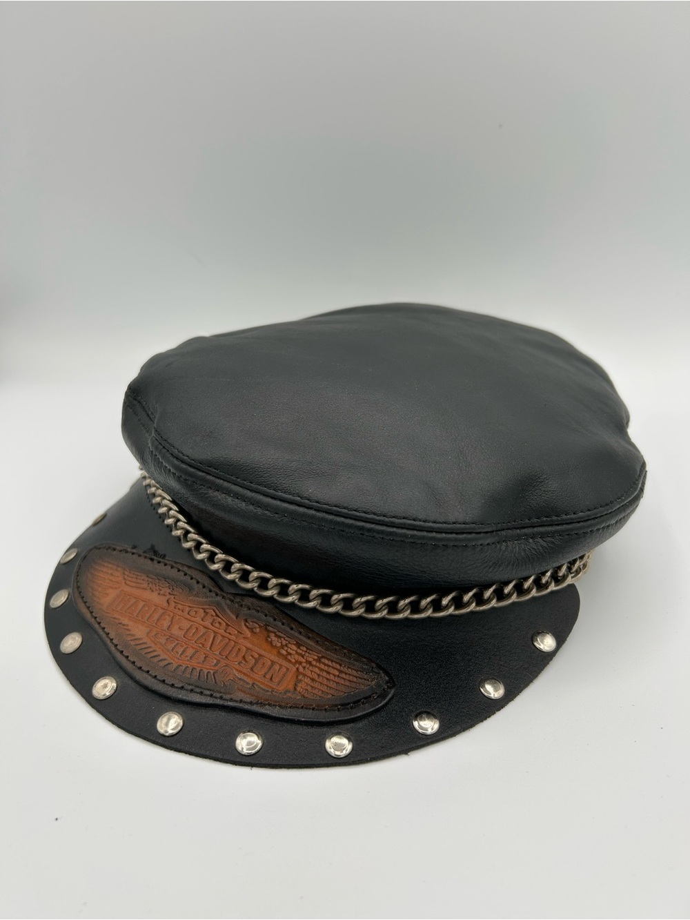 Harley Davidson Leather Biker Hat Chain Studded Cap